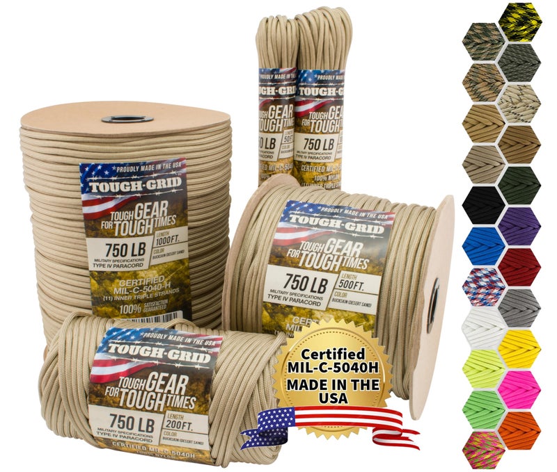TOUGH-GRID 750 Paracord Rope Nylon Parachute Cord, Made in USA Survival Kit, Outdoor Adventures, Camping, Tactical Gear & Emergency Supplies, Military Type IV Mil-Spec - Image 1